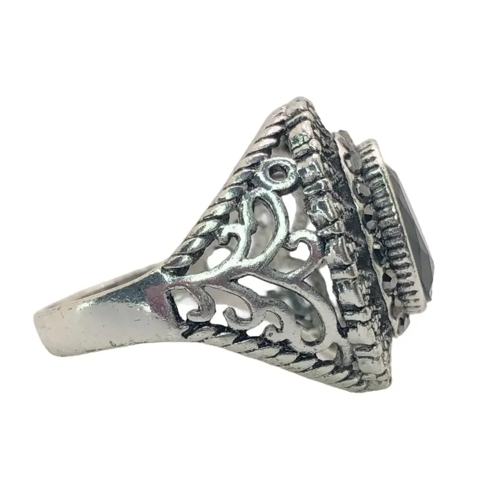 Silver and Black Rhinestone Statement Ring - Size 10